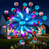 Solar Wind Spinner Outdoor - Metal Kinetic Wind Sculptures with Sparkling Jeweled Ornaments, Blue & Purple Gradient Dual-Direction Spinner, Solar LED Glass Ball Yard Art for Garden Patio Decor