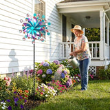 Solar Wind Spinner Outdoor - Metal Kinetic Wind Sculptures with Sparkling Jeweled Ornaments, Blue & Purple Gradient Dual-Direction Spinner, Solar LED Glass Ball Yard Art for Garden Patio Decor