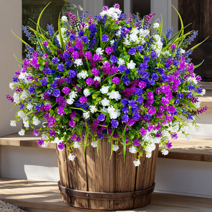 Artificial Flowers for Outdoors Fake Plants - 12 Bundles Faux Outside Greenery Boxwood No Fade Plastic Shrubs Home Decor Farmhouse Garden (Mixed, 3 Colors Magenta Purple White)
