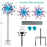 Solar Wind Spinner Outdoor - Metal Kinetic Wind Sculptures with Sparkling Jeweled Ornaments, Blue & Purple Gradient Dual-Direction Spinner, Solar LED Glass Ball Yard Art for Garden Patio Decor