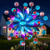 Solar Wind Spinner Outdoor - Metal Kinetic Wind Sculptures with Sparkling Jeweled Ornaments, Blue & Purple Gradient Dual-Direction Spinner, Solar LED Glass Ball Yard Art for Garden Patio Decor