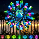 Solar Wind Spinner Outdoor - Metal Kinetic Wind Sculptures with Sparkling Jeweled Ornaments, Blue & Purple Gradient Dual-Direction Spinner, Solar LED Glass Ball Yard Art for Garden Patio Decor