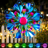 Solar Wind Spinner Outdoor - Metal Kinetic Wind Sculptures with Sparkling Jeweled Ornaments, Blue & Purple Gradient Dual-Direction Spinner, Solar LED Glass Ball Yard Art for Garden Patio Decor