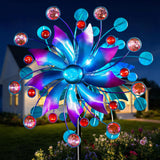 Solar Wind Spinner Outdoor - Metal Kinetic Wind Sculptures with Sparkling Jeweled Ornaments, Blue & Purple Gradient Dual-Direction Spinner, Solar LED Glass Ball Yard Art for Garden Patio Decor
