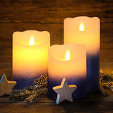 Blue Flameless Flickering Candles Realistic LED Candles with Remote Control Real Wax Glitter Pillar for Gifts and Decoration Set of 3 (D 3" x H 4" 5" 6"