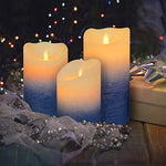 Blue Flameless Flickering Candles Realistic LED Candles with Remote Control Real Wax Glitter Pillar for Gifts and Decoration Set of 3 (D 3" x H 4" 5" 6"