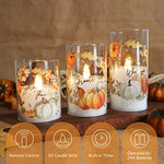 Flameless Candles LED Set of 3 Fall Autumn Ornament Warm Lights Home Decor Battery Operated Timer DIM with Remote Pumpkin Maple Leaves Painting