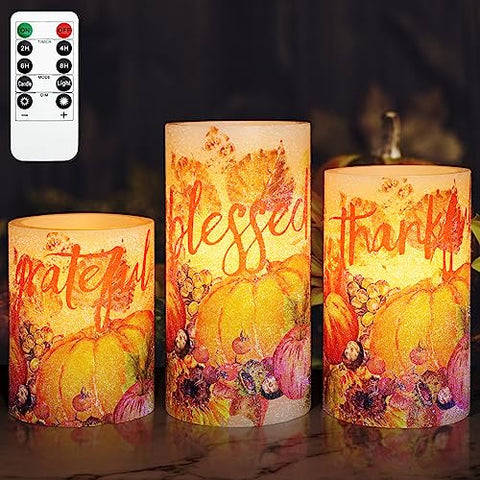 FLAVCHARM Fall Decor Flameless Candles Pumpkin Glitter Decal Desgin Real Wax Flickering LED Candles Autumn Harvest Battery Operated Candles with Remote Timer Thanksgiving Table Decorations for Home