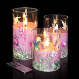 Hummingbird Pink Floral Glass Flameless Candles Remote, 3 Pack LED Battery Candles