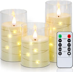 Amagic Flameless Candles with Flickering String Lights, LED Battery Operated Candles, Embedded String Light Candle with Remote and Timers for Home Decoration, Ivory, Set of 3