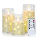 Amagic Flameless Candles with Flickering String Lights, LED Battery Operated Candles, Embedded String Light Candle with Remote and Timers for Home Decoration, Ivory, Set of 3