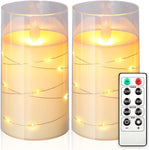 NURADA Flickering Flameless Candles: Built-in Star String Lights, LED Pillar Candles with Imitation Glass - Acrylic Battery Candles with Remote and Timer, Pack of 3 (D:3" x H:4" 5" 6") & Gray