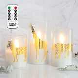 Flameless Candles with Remote Timer Flickering Set of 3, Luxury Home Decal, Matt Glass with Bronzing Zebra Tiger Giraffe, Decoration for Office Livingroom Wedding Holiday Party Gift
