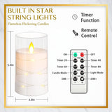 NURADA Flickering Flameless Candles: Built-in Star String Lights, LED Pillar Candles with Imitation Glass - Acrylic Battery Candles with Remote and Timer, Pack of 3 (D:3" x H:4" 5" 6") & Gray