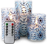 Blue Snowflakes Glass Flameless Candles with Remote, Flickering LED Pillar Candles Christmas Battery Candles Set of 3