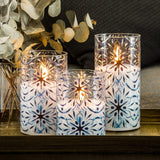 Blue Snowflakes Glass Flameless Candles with Remote, Flickering LED Battery Candles Winter Christmas Decor Φ 3" H 4" 5" 6"