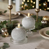 Set of 2 Flameless Candle Ornaments - Silver (3.5" x 4.25") Remote Control Unscented Embossed Pearl Metallic Paint Finish
