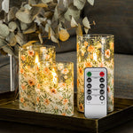 Blue Snowflakes Glass Flameless Candles with Remote, Flickering LED Pillar Candles Christmas Battery Candles Set of 3
