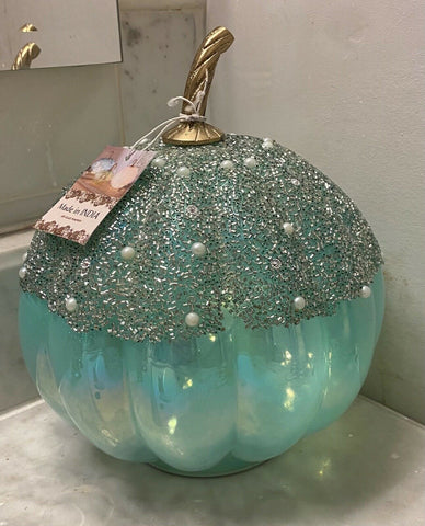 Glass Pumpkin Lights up Teal With Pearls and Glitter Bling Thanksgiving Fall