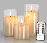 Glass Battery Operated LED Flameless Candles with Remote and Timer, Real Wax Candles Warm Color Flickering Light for Festival Wedding Home Party Decor(Pack of 3)-Gold