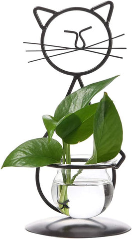 Desktop Glass Planter Vase Holder, Modern Creative Cat Plant Terrarium Metal Stand for Hydroponics Plants Home Garden Decoration Outdoor Planter