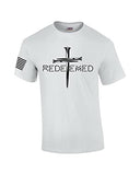 Redeemed Cross Nails Mens Christian American Flag Sleeve T-Shirt Graphic Tee