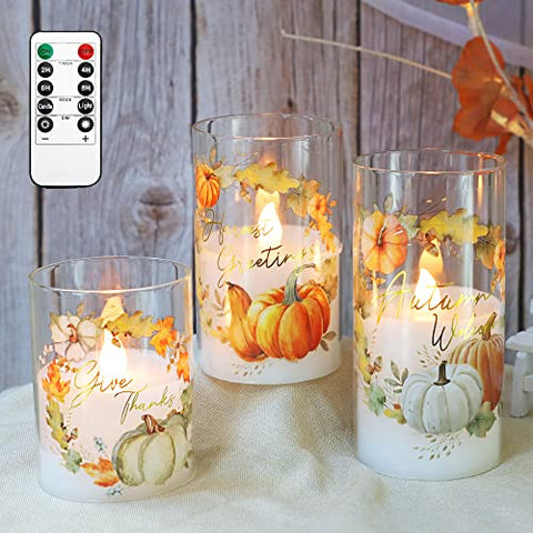 Flameless Candles LED Set of 3 Fall Autumn Ornament Warm Lights Home Decor Battery Operated Timer DIM with Remote Pumpkin Maple Leaves Painting Harvest Thanksgiving Gift